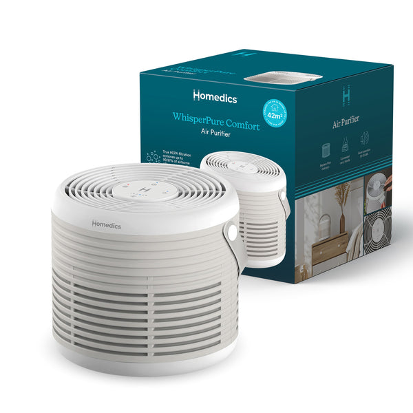 WhisperPure Comfort True HEPA Air Purifier with Activated Carbon Filter, Quiet 3-Speed Operation, Essential Oil Tray, 42m² Coverage