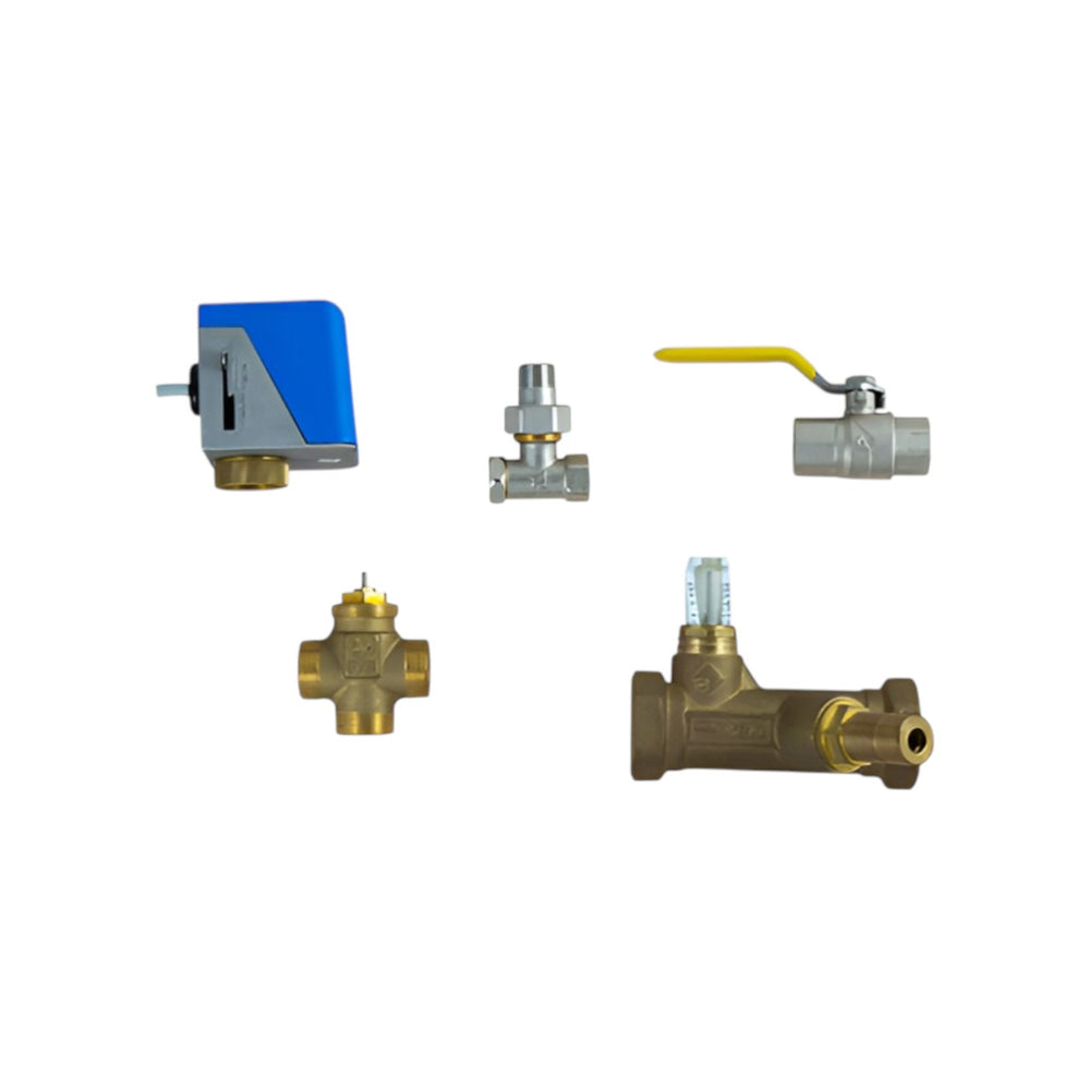 Water Flow Control Valve Kit for Water-Heated Air Curtains – Stop Valve, Adjustment Valve, 3-Way Control Valve, By-Pass Valve & 230V On/Off Actuator – Model VRS20/25, Product Code 24733