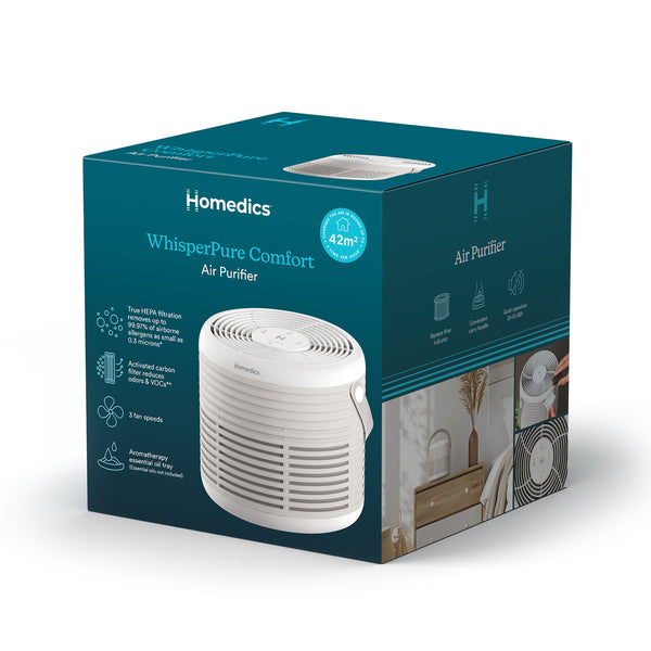 WhisperPure Comfort True HEPA Air Purifier with Activated Carbon Filter, Quiet 3-Speed Operation, Essential Oil Tray, 42m² Coverage