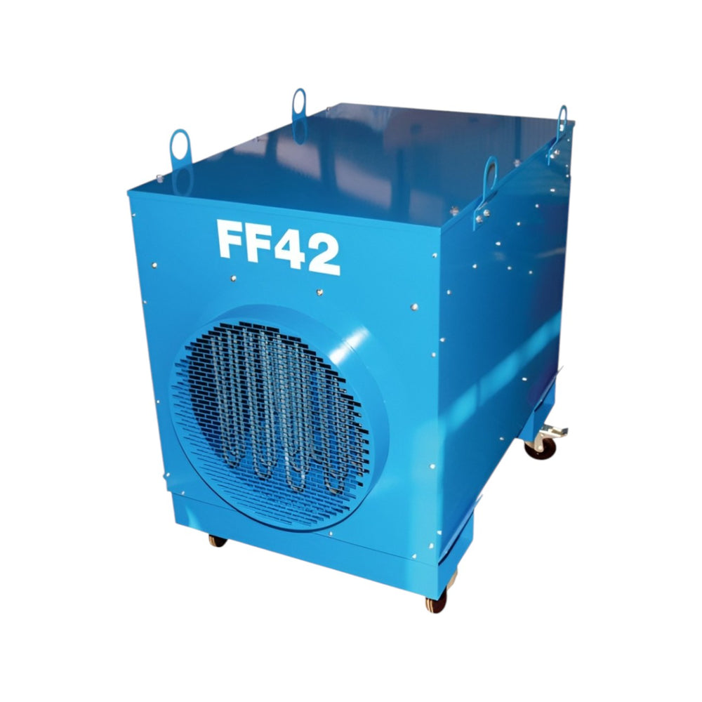 Fire-Flo FF42 Industrial Fan Heater – 42kW Portable Duct-Connectable Electric Heater with 4000m³/hr Airflow, 3-Phase 400V Supply, Steel Body, Casters & Fork Lift Pockets