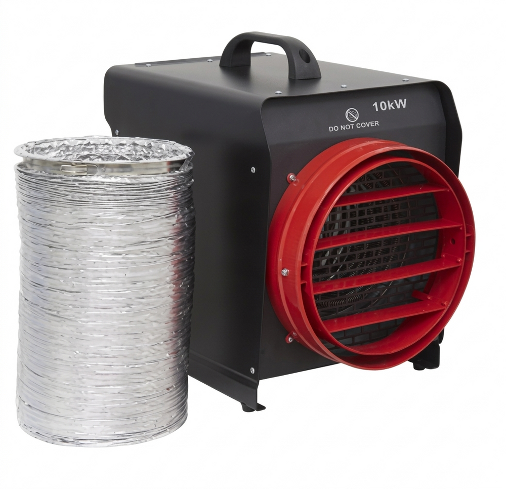 Sealey DEH10001 Industrial Duct Connectable Fan Heater – 10kW Electric Workshop & Garage Heater with Thermostat, Adjustable Airflow, 415V 3-Phase, 6m Duct, White