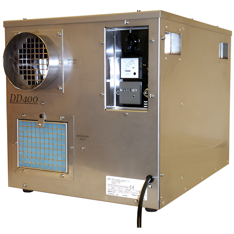 Portable Desiccant Dehumidifier DD400 – 2.5kW Industrial Dryer, Silica Gel Rotor, Stainless Steel Construction, Low Dew Point & Sub-Zero Performance