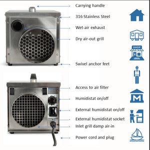 EcorPro DH1200 INOX Portable Desiccant Dehumidifier – 12L/24hr, 124m³/h Airflow, Stainless Steel, 230V 50Hz, Compact Industrial Moisture Extractor with Ducting & Humidistat Connection