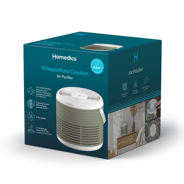 WhisperPure Comfort True HEPA Air Purifier with Activated Carbon Filter, Quiet 3-Speed Operation, Essential Oil Tray, 42m² Coverage