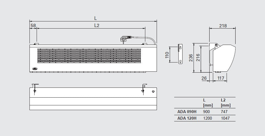 ADA120H Unheated Air Curtain, 1200mm Length, 2.5m Install Height, 230V, White