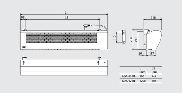 ADA120H Unheated Air Curtain, 1200mm Length, 2.5m Install Height, 230V, White