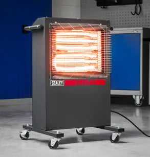 Sealey Portable Infrared Electric Heater 2.8kW – Ruby Halogen Radiant Heater with Adjustable Thermostat, Timer & Safety Cut-Out – Powder-Coated Metal, 230V, IR14230V